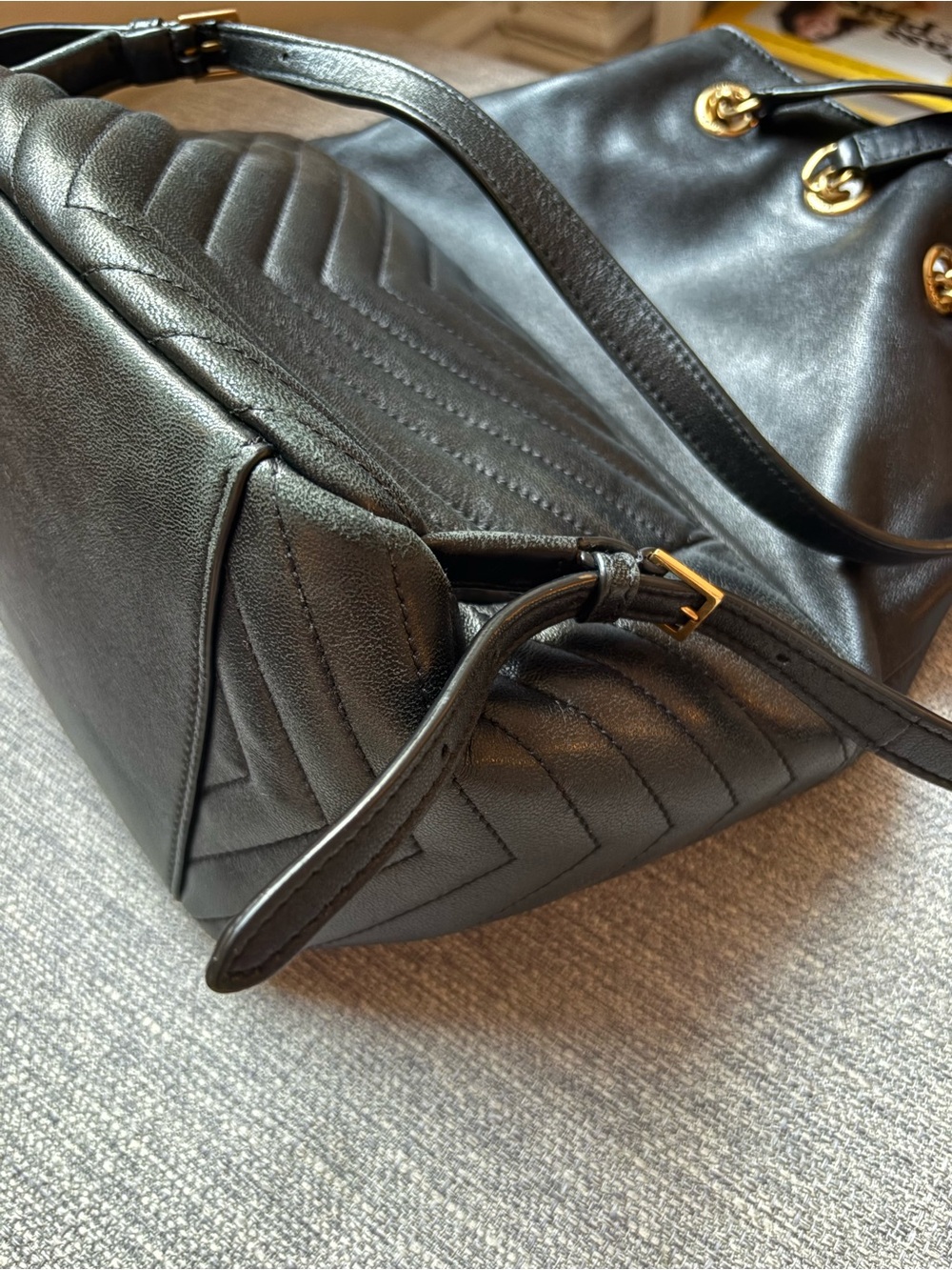 Saint Laurent Black Quilted Leather Drawstring Backpack with Gold Chain - Picture 7 of 16